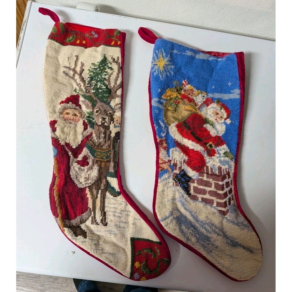 Vintage 1990s Needlepoint Christmas Stockings Santa Reindeer Chimney Wool/Velvet